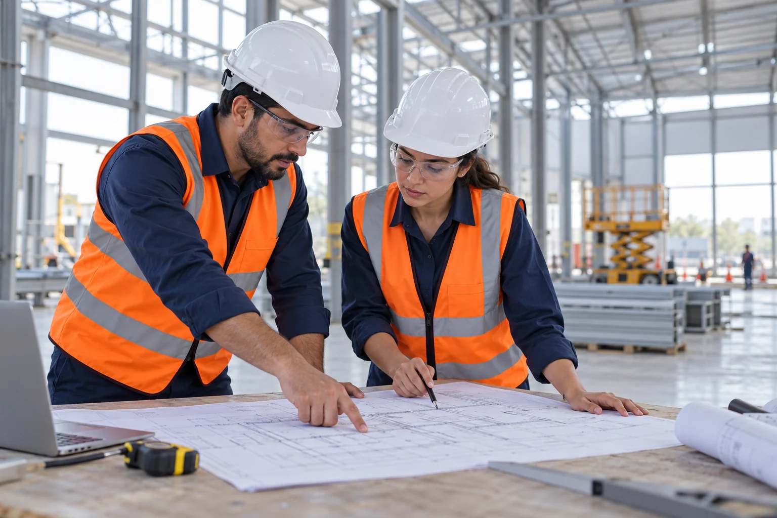 Imagem ilustrativa de profissionais de engenharia planejando uma obra industrial
